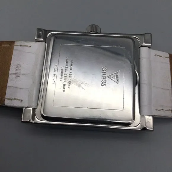 Guess Watch Women Silver Tone 37mm Square Pave White Leather Band New Battery - Picture 9 of 13